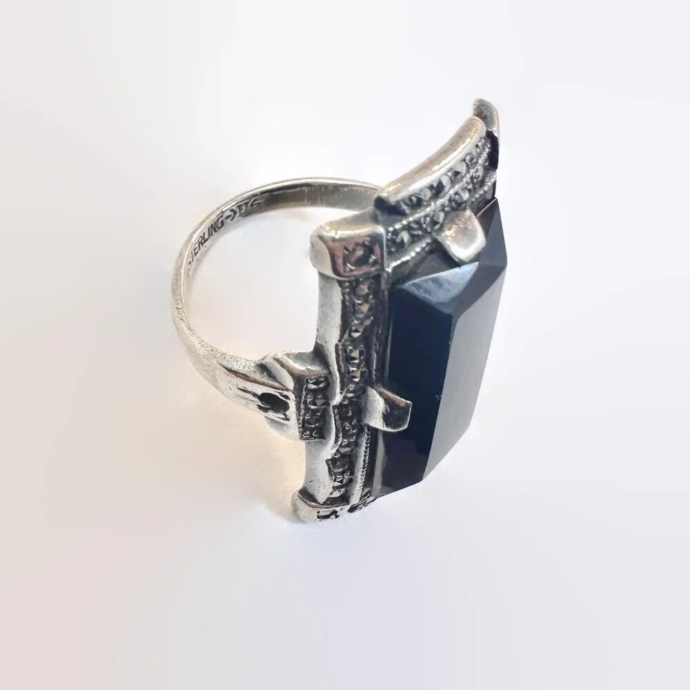 Art Deco Ring, Sterling Silver, Marcasite, Black Stone, Vintage, Antique, Long - Picture 5 of 5